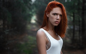 redhead, tank top, depth of field, girl outdoors, girl, Georgiy Chernyadyev