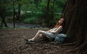 depth of field, girl, nature, trees, girl outdoors, redhead