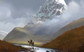 field, digital art, snowy peak, hill, mountain, artwork