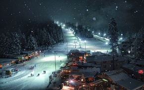 night, forest, landscape, village, lights, snow