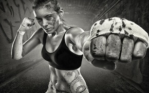 fists, girl, fighting, monochrome, wounds, boxing