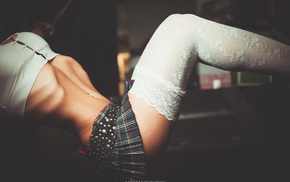Artem Nikiforov, white stockings, flat belly, pierced navel, skirt, girl