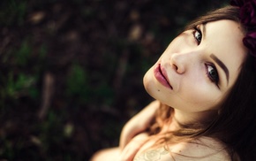 brunette, face, flowers