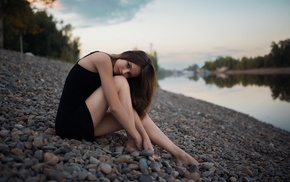 river, black dress, girl