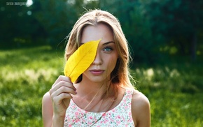 leaves, face, portrait, girl, blonde