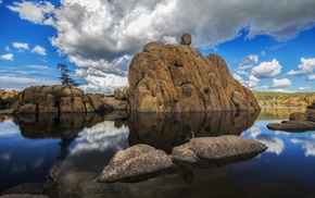 landscape, rock, reflection, nature, clouds, stone