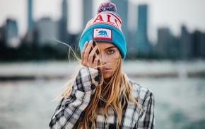 depth of field, California, woolly hat, cityscape, shirt, girl outdoors