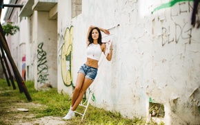 girl, skinny, white tops, shoes, jean shorts, walls