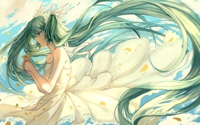 wind, twintails, anime girls, long hair, flowers, flower petals