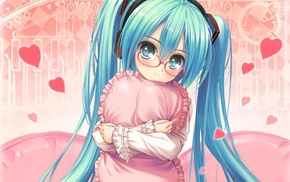 music, pink, glasses, hearts, Vocaloid, blue hair