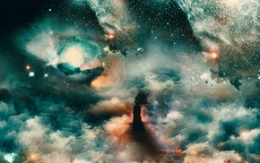 sadness, space art, girl, clouds, galaxy, bridge