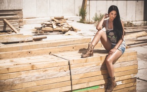 sitting, jean shorts, looking down, black hair, girl