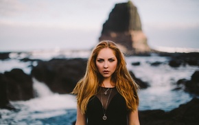 rock, sea, girl, face, portrait