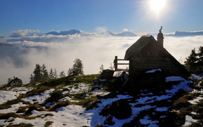 Austria, snowy peak, cabin