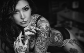 tattoo, Evilla D Ark, monochrome, piercing, girl, lingerie