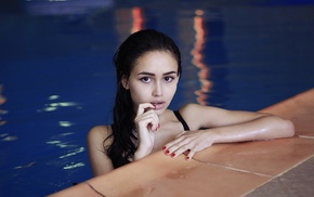 wet body, portrait, wet hair, finger in mouth, girl, swimming pool