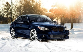 snow, car, BMW 5 Series, BMW E60, trees, winter