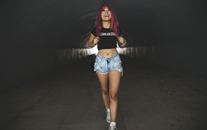 girl, jean shorts, smiling, black tops, dyed hair, tunnel