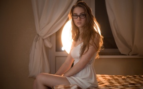 girl, sitting, in bed, girl with glasses, blonde, open mouth