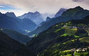 village, valley, summer, mist, clouds, mountain