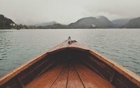 wet, lake, mountain, boat, water, clouds