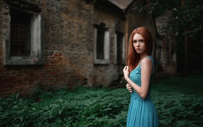 girl outdoors, dress, old building, building, blue dress, Georgiy Chernyadyev