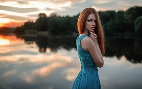 model, girl, blue eyes, lake, redhead, sunset
