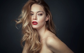 red lipstick, portrait, long hair, model, bare shoulders, blonde