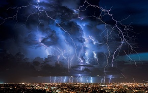 cityscape, storm, lights, nature, clouds, night