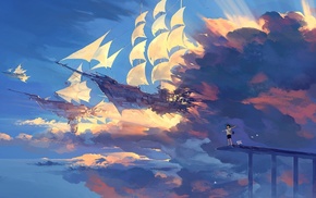 ship, sky, sailing ship, clouds, anime