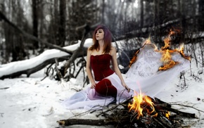 girl outdoors, fire, depth of field, nature, dress, dyed hair