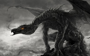 dragon, black, fire, artwork, dark