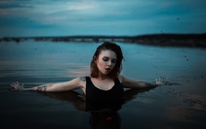 girl, wet body, river, tattoo, closed eyes