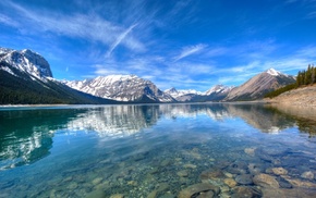 snowy peak, reflection, Canada, blue, lake, forest