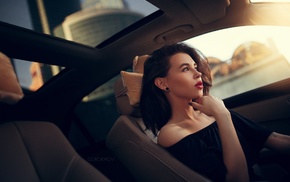 girl with cars, girl, painted nails, red lipstick, car, brunette
