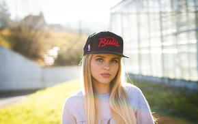 portrait, girl, blonde, face, baseball caps