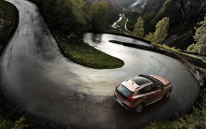 Volvo, road, car, mountain, trees, river