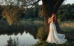 redhead, girl outdoors, white dress, girl, nature, model