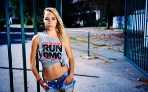 portrait, Run DMC, blonde, pierced navel, girl, jean shorts