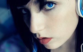 closeup, blue eyes, headphones, face, girl