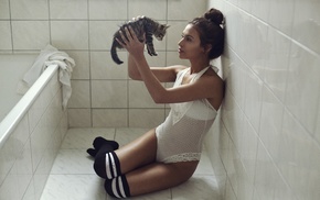girl, cat, model, leotard
