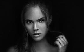 face, black background, monochrome, girl, open mouth, Georgiy Chernyadyev