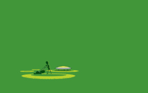 circle, digital art, grass, green background, simple background, aliens