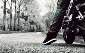 motorcycle, depth of field, road, monochrome