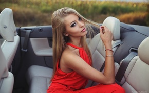 red dress, car, sitting, blonde, girl