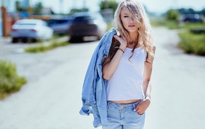 blonde, girl, T, shirt, portrait, jeans
