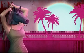 mask, palm trees, Hotline Miami, girl, video games