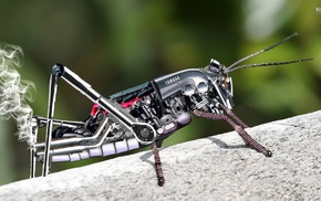 robot, grasshopper, digital art, smoke, Yamaha, insect