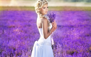 field, blonde, flowers, girl outdoors, wedding dress, sunlight