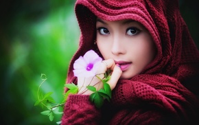 flowers, Asian, sweater, hoods, face, girl